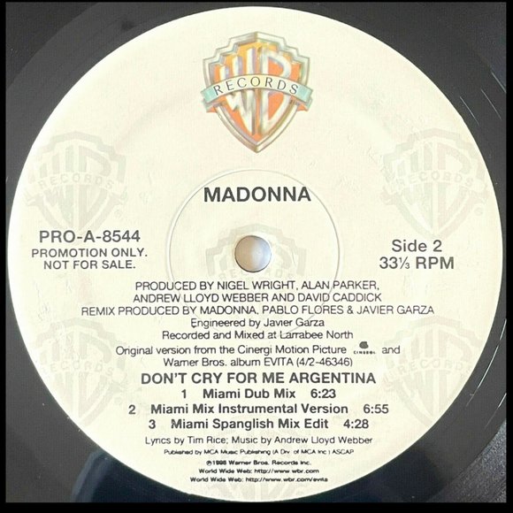 MADONNA ~ DON'T CRY FOR ME ARGENTINA Mixes  12" PROMO RECORD 1996 USA Ed. 26Yrs! - Picture 4 of 4